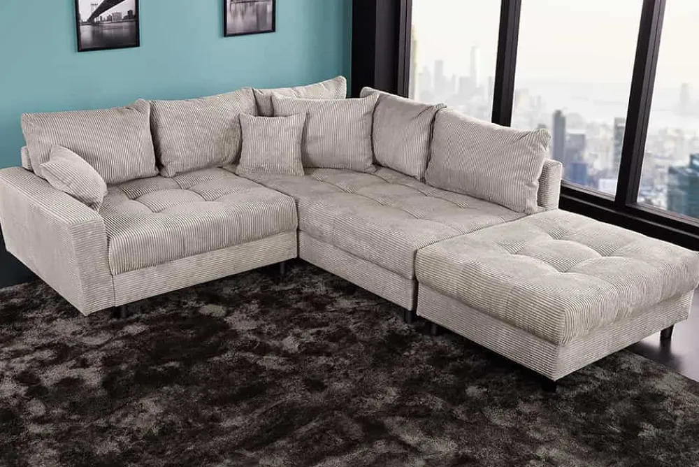 Riess-Ambiente Skandinavisch|Xxl Sofa > Modernes Ecksofa KENT 220cm greige Cord inkl. Hocker Federkern L-Form Wohnlandschaft