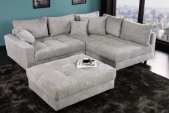 Riess-Ambiente Skandinavisch|Xxl Sofa > Modernes Ecksofa KENT 220cm hellgrau Cord inkl. Hocker Federkern L-Form Wohnlandschaft