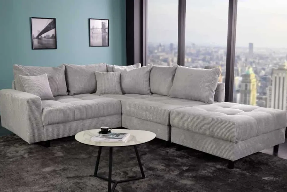 Riess-Ambiente Skandinavisch|Xxl Sofa > Modernes Ecksofa KENT 220cm hellgrau Cord inkl. Hocker Federkern L-Form Wohnlandschaft