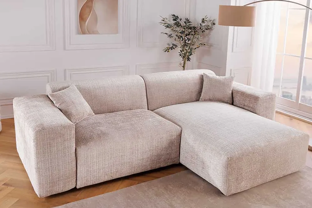 Riess-Ambiente Skandinavisch|Ecksofa > Modernes Ecksofa SIGNATUR 260cm beige Chenille Cremona beidseitig stellbar inkl. Kissen