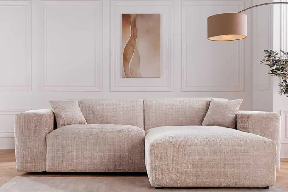 Riess-Ambiente Skandinavisch|Ecksofa > Modernes Ecksofa SIGNATUR 260cm beige Chenille Cremona beidseitig stellbar inkl. Kissen