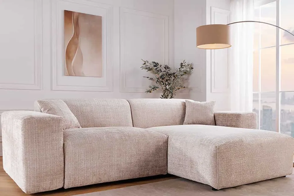 Riess-Ambiente Skandinavisch|Ecksofa > Modernes Ecksofa SIGNATUR 260cm beige Chenille Cremona beidseitig stellbar inkl. Kissen