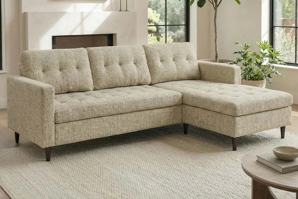 Riess-Ambiente Skandinavisch|Retro Möbel > Modernes Ecksofa STOCKHOLM 220cm beige cozy Veloursstrickstoff Federkern 3-Sitzer-Sofa