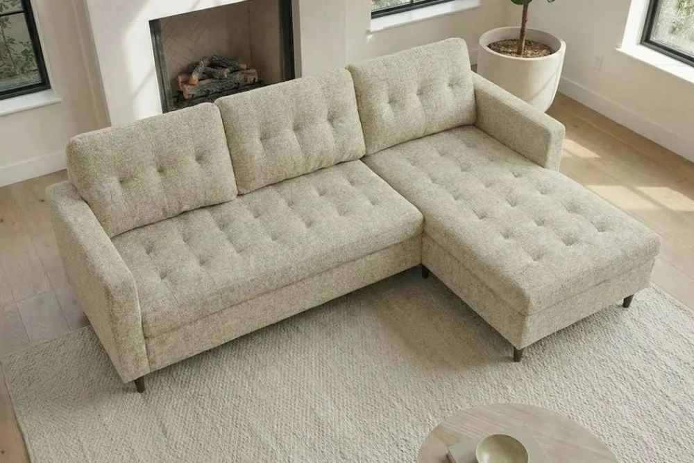 Riess-Ambiente Skandinavisch|Retro Möbel > Modernes Ecksofa STOCKHOLM 220cm beige cozy Veloursstrickstoff Federkern 3-Sitzer-Sofa