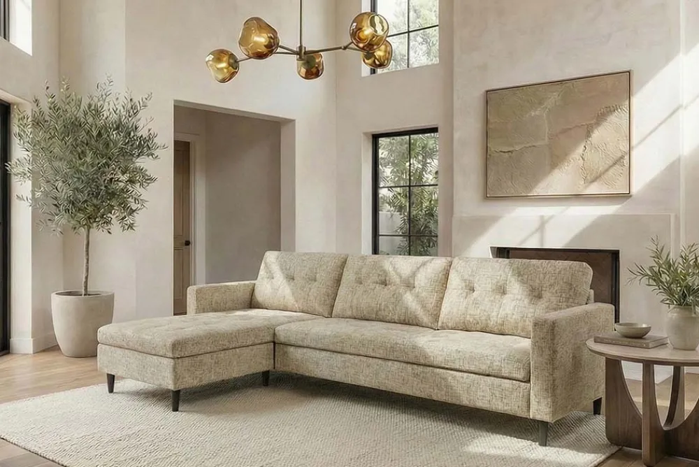 Riess-Ambiente Skandinavisch|Retro Möbel > Modernes Ecksofa STOCKHOLM 220cm beige cozy Veloursstrickstoff Federkern 3-Sitzer-Sofa
