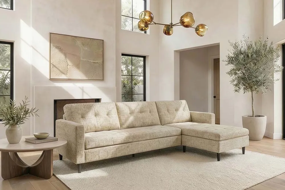 Riess-Ambiente Skandinavisch|Retro Möbel > Modernes Ecksofa STOCKHOLM 220cm beige cozy Veloursstrickstoff Federkern 3-Sitzer-Sofa
