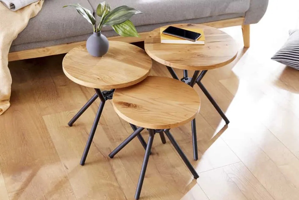 Riess-Ambiente Beistelltische|Mehr... > Modernes 3er Set Beistelltische FACTORY 40cm natur Wildeiche Massivholz rund schwarz Metall