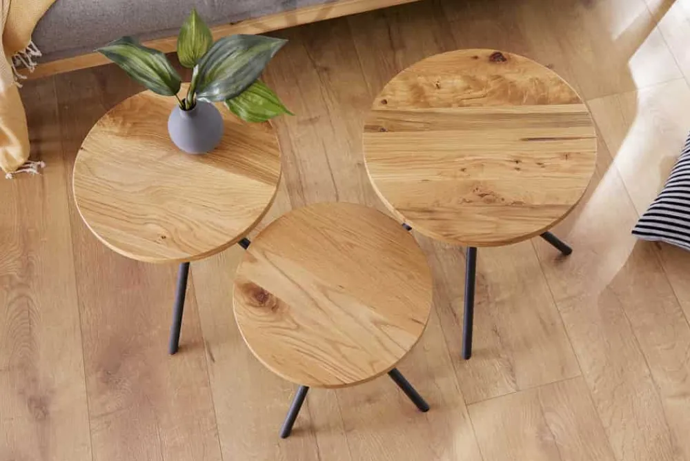 Riess-Ambiente Beistelltische|Mehr... > Modernes 3er Set Beistelltische FACTORY 40cm natur Wildeiche Massivholz rund schwarz Metall