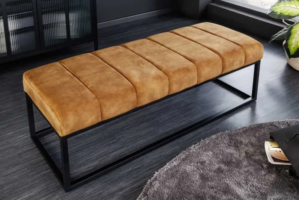 Riess-Ambiente Sitzbänke|Samt Möbel > Moderne Sitzbank PETIT BEAUTÉ 110cm senfgelb Samt schwarzes Metallgestell
