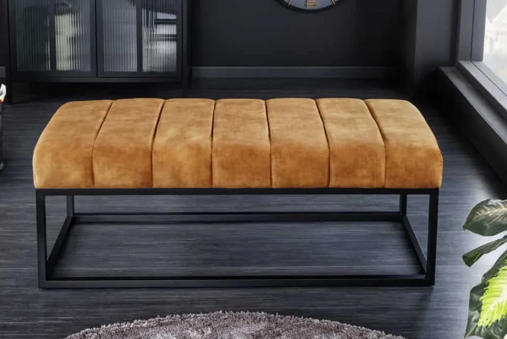 Riess-Ambiente Sitzbänke|Samt Möbel > Moderne Sitzbank PETIT BEAUTÉ 110cm senfgelb Samt schwarzes Metallgestell