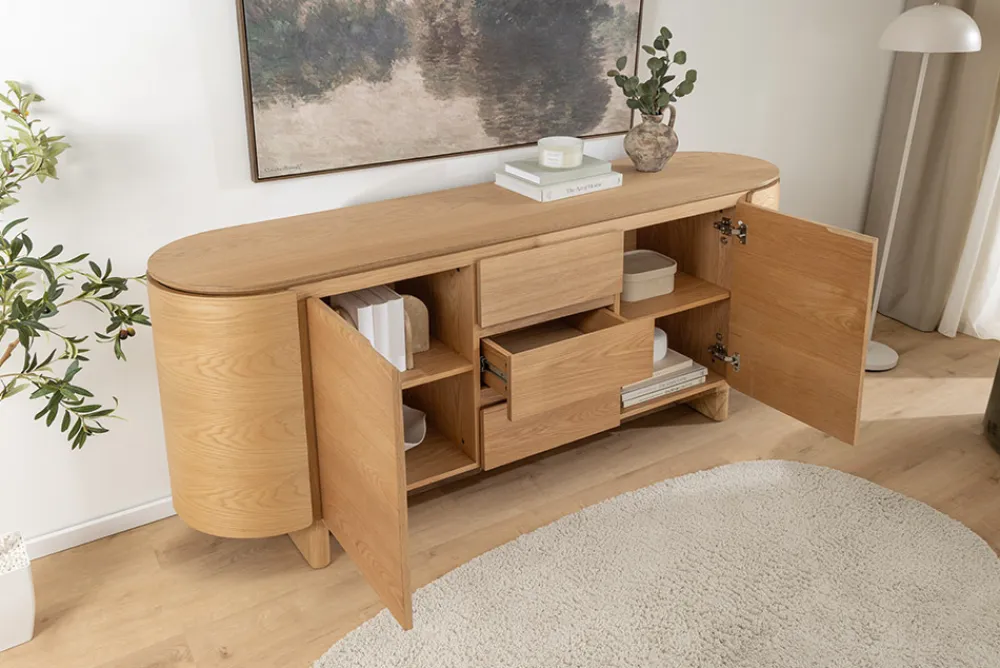 Riess-Ambiente Skandinavisch|Sideboards & Kommoden > Modernes Sideboard OAK GRAIN 160cm natur Eichenholz vier Fächer mit drei Schubladen