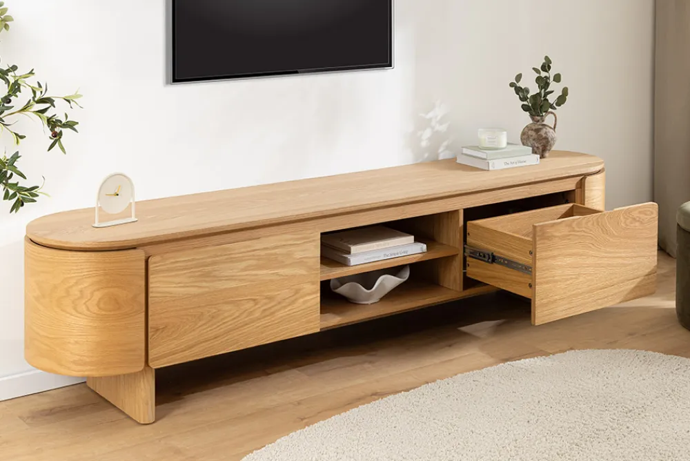 Riess-Ambiente Skandinavisch|Tv- & Lowboards > Modernes TV-Board OAK GRAIN 200cm natur Eichenholz zwei Fächer mit Schubladen