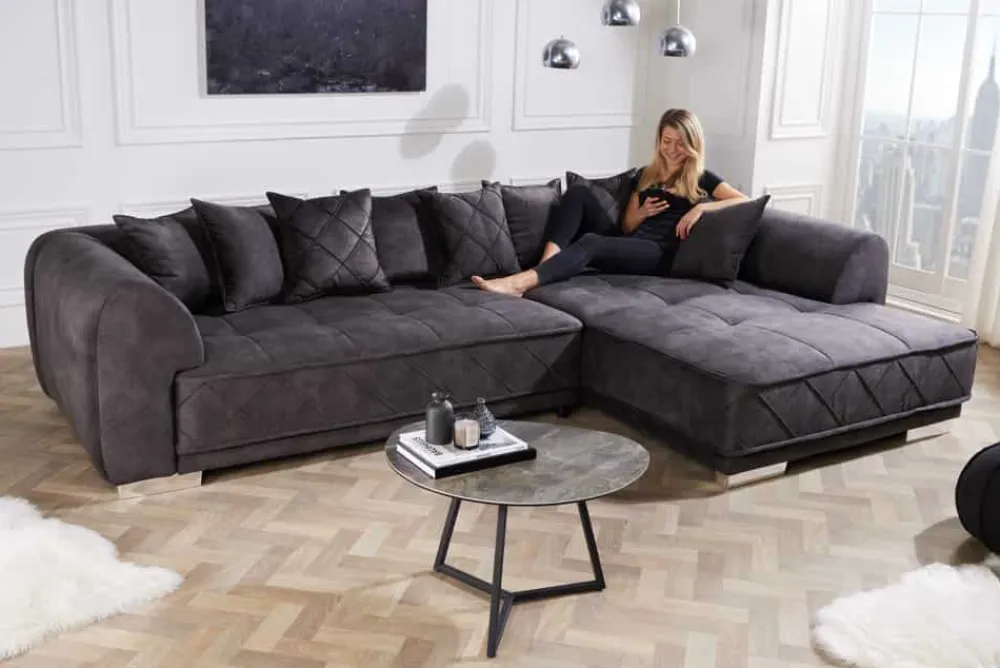 Riess-Ambiente Samt Möbel|Xxl Sofa > Modernes XXL Ecksofa DECADENCIA 320cm dunkelgrau Samt Bigsofa inkl. Kissen
