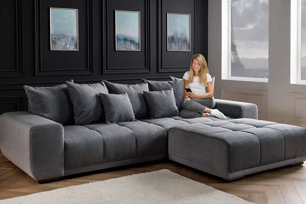 Riess-Ambiente Skandinavisch|Xxl Sofa > Modernes XXL Sofa ELEGANCIA 285cm anthrazit Cord inklusive Kissen Bigsofa