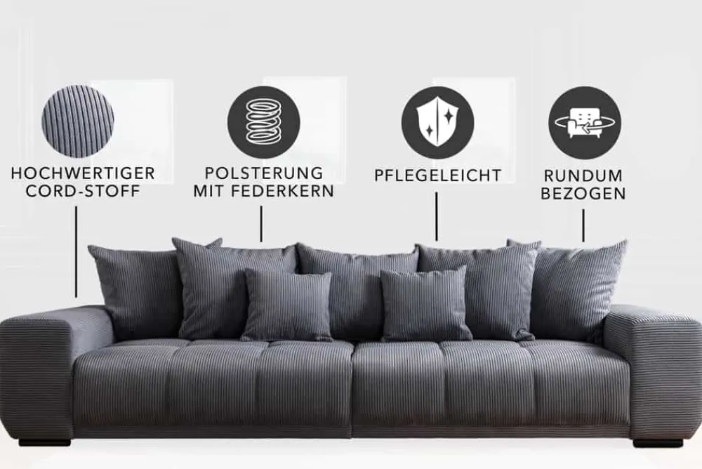 Riess-Ambiente Skandinavisch|Xxl Sofa > Modernes XXL Sofa ELEGANCIA 285cm anthrazit Cord inklusive Kissen Bigsofa
