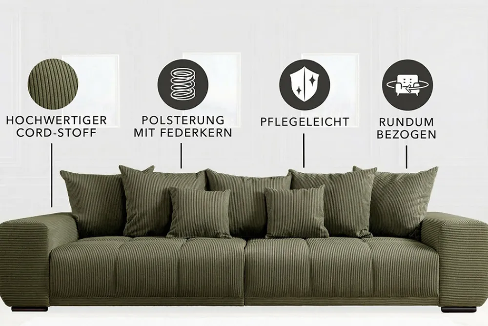 Riess-Ambiente Xxl Sofa > Modernes XXL Sofa ELEGANCIA 285cm grün Cord Federkern inklusive Kissen Bigsofa