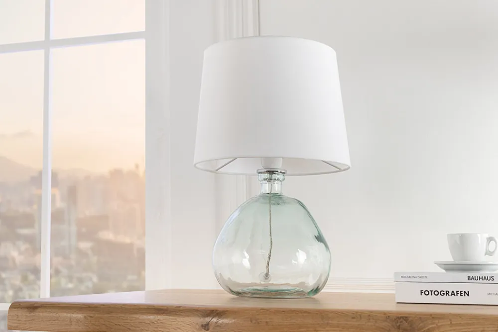 Riess-Ambiente Tischlampen > Moderne Tischlampe CLASSIC 45cm transparent recyceltes Glas weiß Stoffschirm