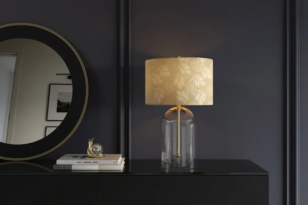 Riess-Ambiente Tischlampen > Moderne Tischlampe CLASSICO 50cm transparent Glas weiß gold Leinenschirm