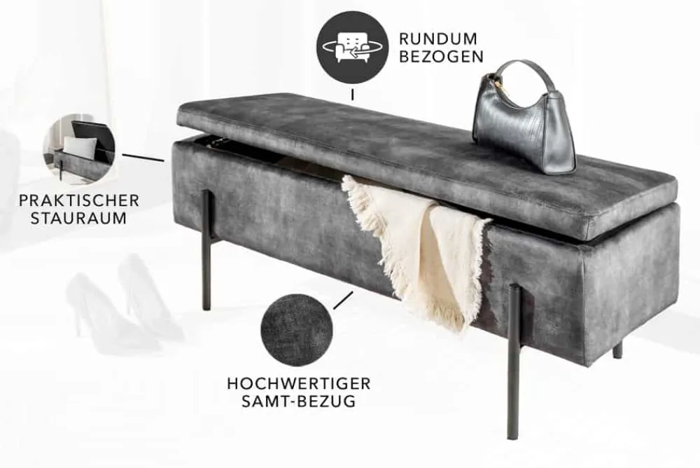 Riess-Ambiente Sitzbänke|Samt Möbel > Moderne Truhenbank LOFT 100cm grau Samt Sitzbank mit Stauraum gespolstert schwarz Metall