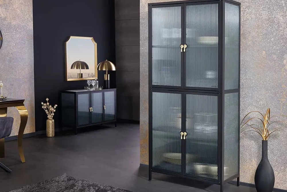 Riess-Ambiente Vitrinen|Highboards > Moderne Vitrine AMSTERDAM 180cm schwarz gold Riffelglas Metall Highboard Schrank