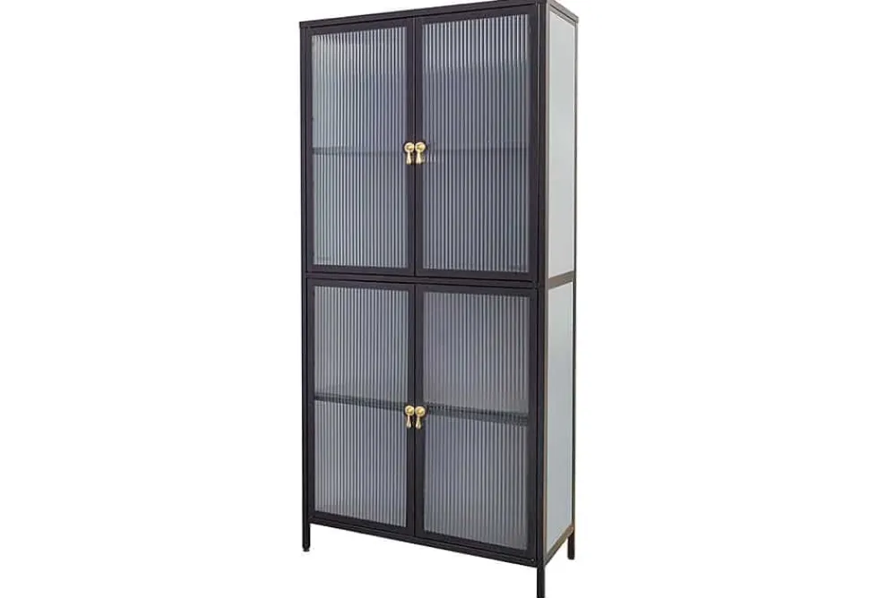 Riess-Ambiente Vitrinen|Highboards > Moderne Vitrine AMSTERDAM 180cm schwarz gold Riffelglas Metall Highboard Schrank