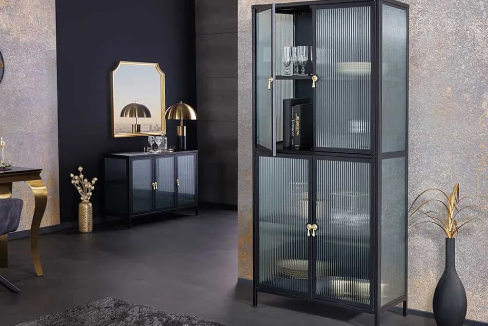 Riess-Ambiente Vitrinen|Highboards > Moderne Vitrine AMSTERDAM 180cm schwarz gold Riffelglas Metall Highboard Schrank