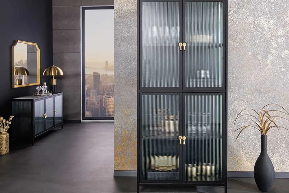 Riess-Ambiente Vitrinen|Highboards > Moderne Vitrine AMSTERDAM 180cm schwarz gold Riffelglas Metall Highboard Schrank