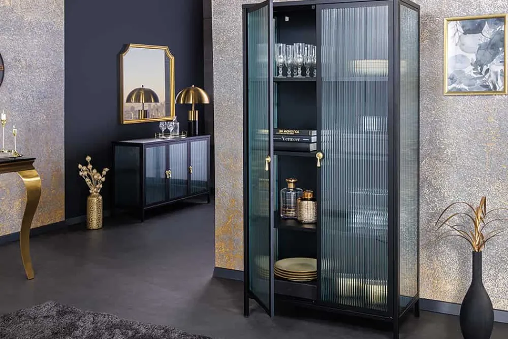 Riess-Ambiente Vitrinen|Highboards > Moderne Vitrine AMSTERDAM 160cm schwarz gold Riffelglas Metall Highboard Schrank