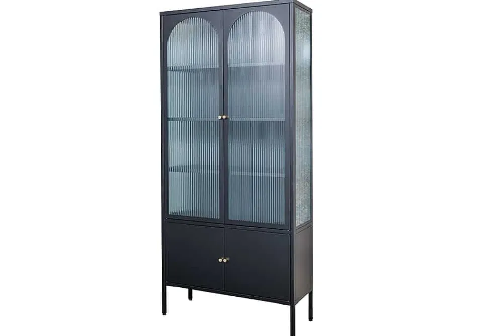 Riess-Ambiente Vitrinen > Moderne Vitrine PARIS 180cm schwarz gold Riffelglas Metall Highboard Schrank