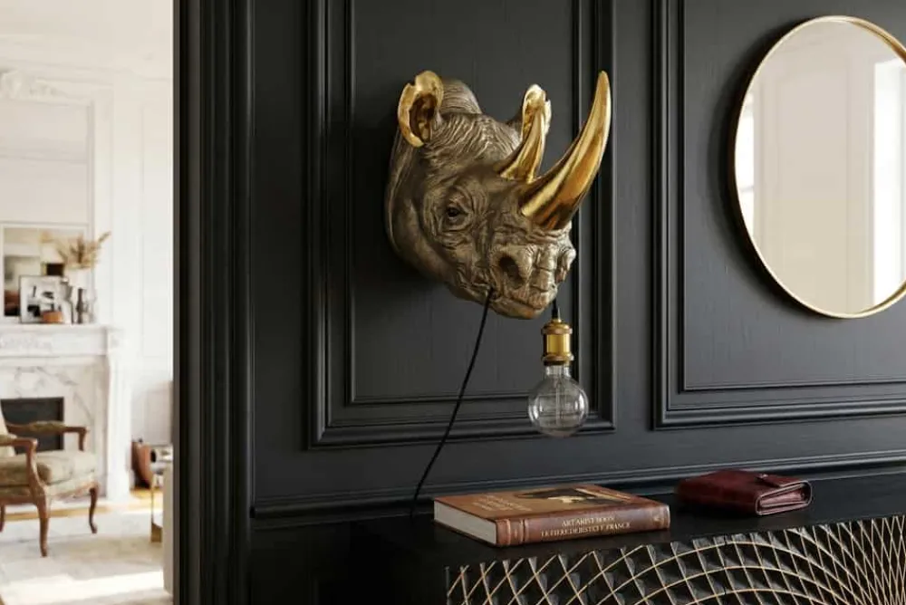Riess-Ambiente Wandleuchten > Moderne Wandlampe RHINO 40cm gold Nashorn-Skulptur handmade