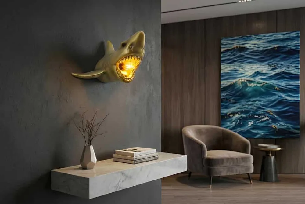 Riess-Ambiente Wandleuchten > Moderne Wandlampe SHARK 40cm gold Hai-Skulptur handmade