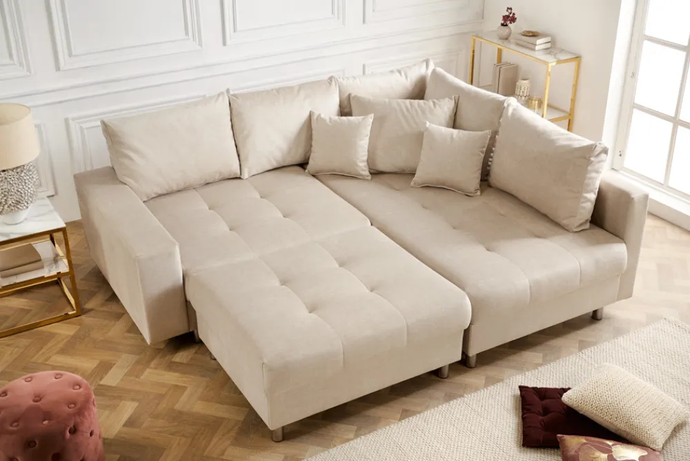 Riess-Ambiente Samt Möbel|Skandinavisch > Moderne Wohnlandschaft KENT 220cm champagner beige Vogue Velours Samt Federkern mit Hocker