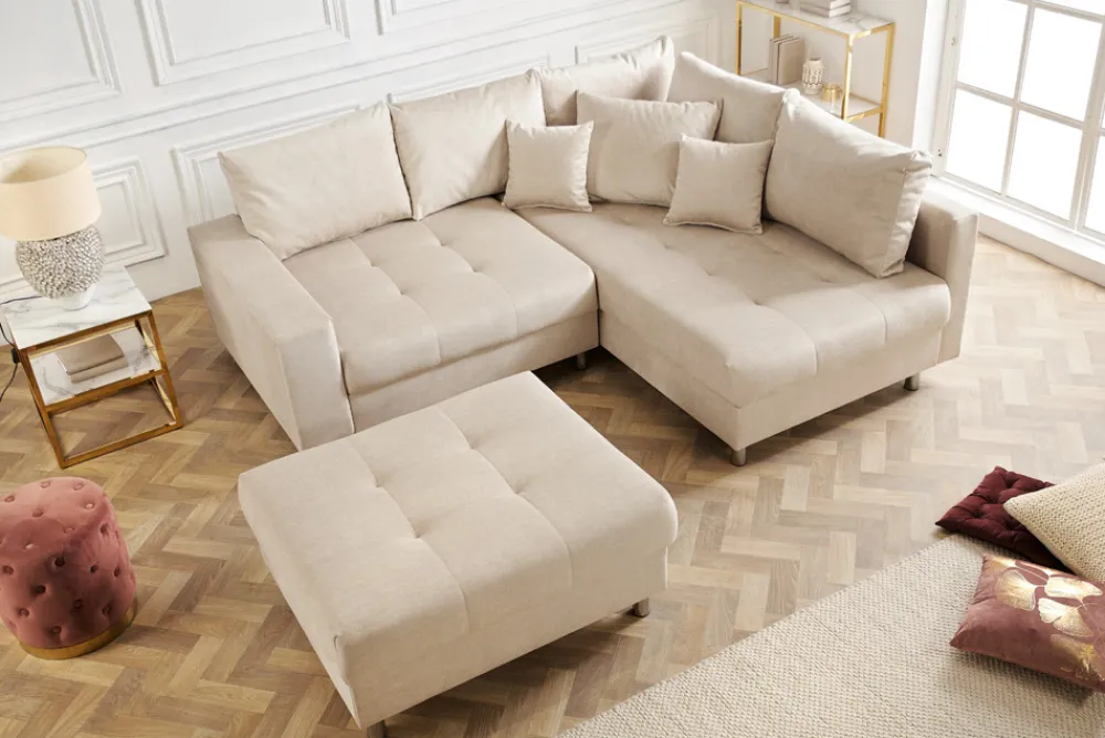 Riess-Ambiente Samt Möbel|Skandinavisch > Moderne Wohnlandschaft KENT 220cm champagner beige Vogue Velours Samt Federkern mit Hocker