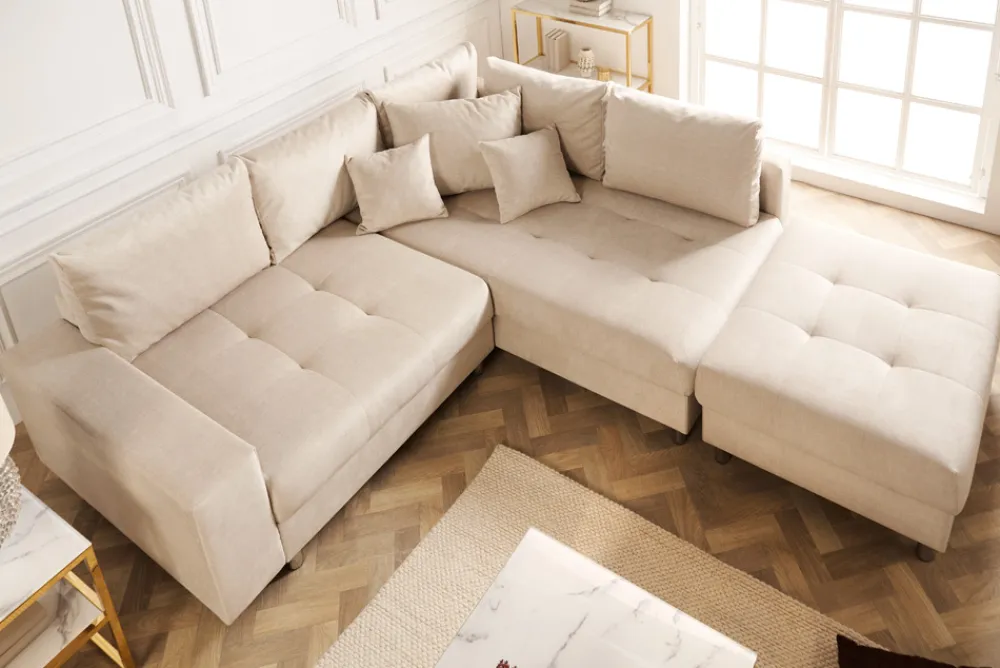 Riess-Ambiente Samt Möbel|Skandinavisch > Moderne Wohnlandschaft KENT 220cm champagner beige Vogue Velours Samt Federkern mit Hocker