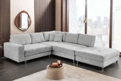 Riess-Ambiente Skandinavisch|Xxl Sofa > Moderne Wohnlandschaft KENT 220cm grau Strickstoff Ecksofa inkl. Hocker und Kissen