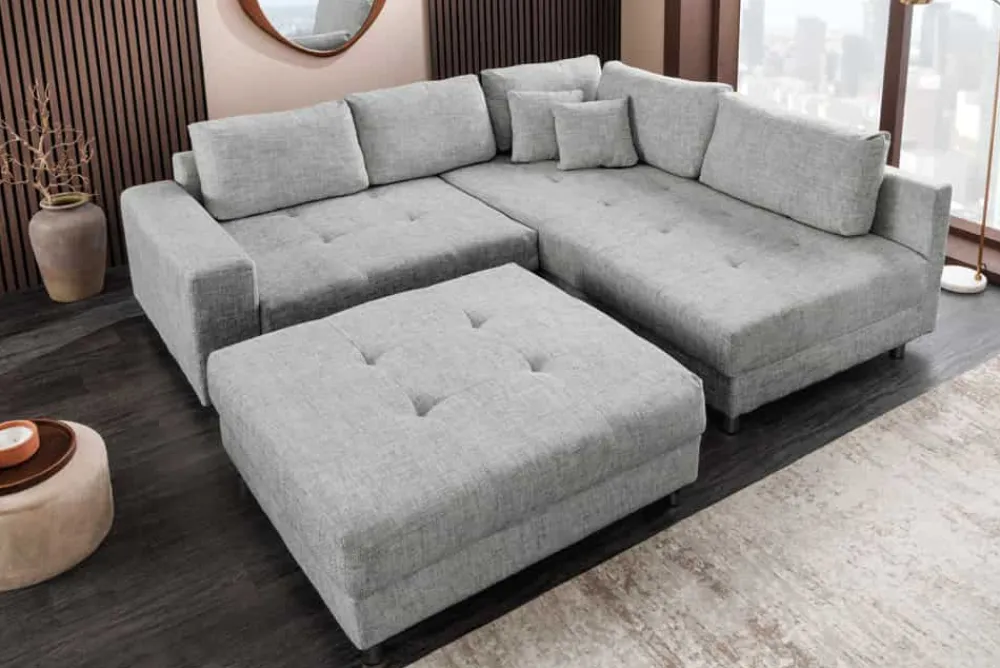 Riess-Ambiente Skandinavisch|Xxl Sofa > Moderne Wohnlandschaft KENT 220cm grau Strickstoff Ecksofa inkl. Hocker und Kissen