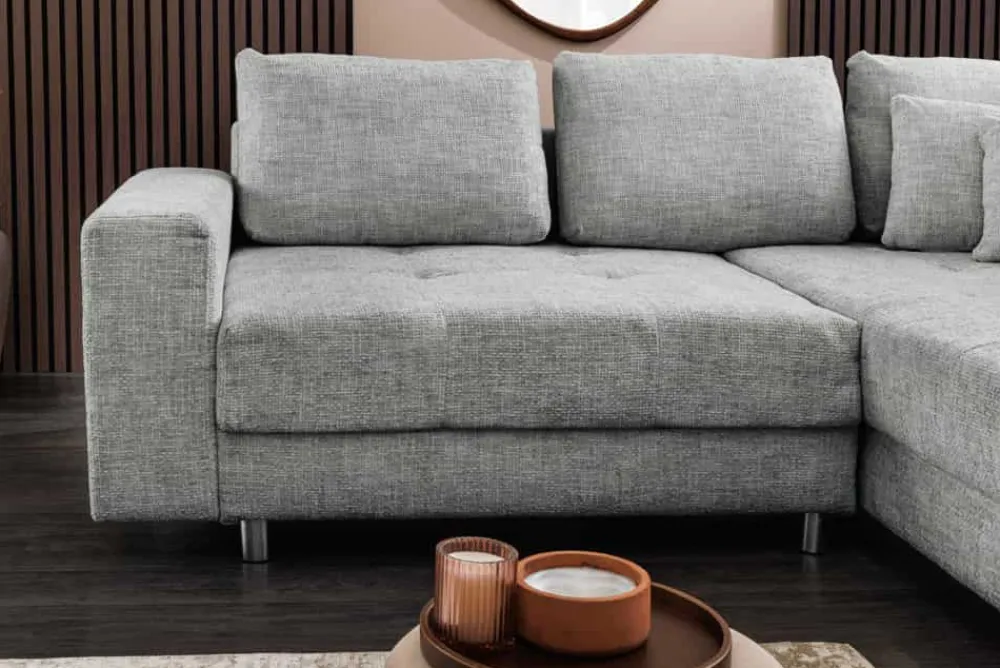 Riess-Ambiente Skandinavisch|Xxl Sofa > Moderne Wohnlandschaft KENT 220cm grau Strickstoff Ecksofa inkl. Hocker und Kissen