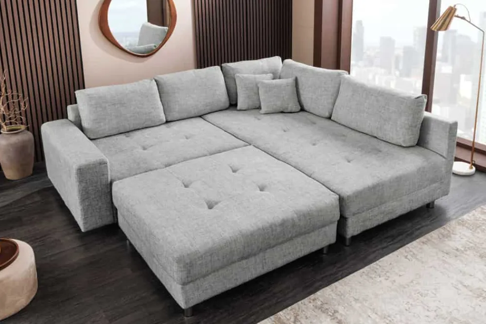 Riess-Ambiente Skandinavisch|Xxl Sofa > Moderne Wohnlandschaft KENT 220cm grau Strickstoff Ecksofa inkl. Hocker und Kissen
