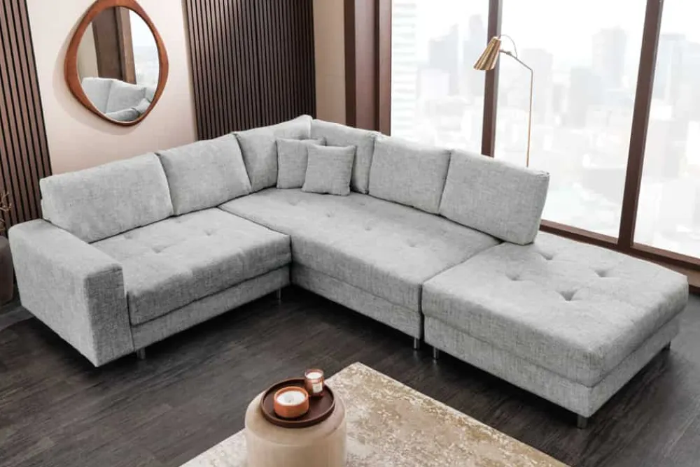 Riess-Ambiente Skandinavisch|Xxl Sofa > Moderne Wohnlandschaft KENT 220cm grau Strickstoff Ecksofa inkl. Hocker und Kissen