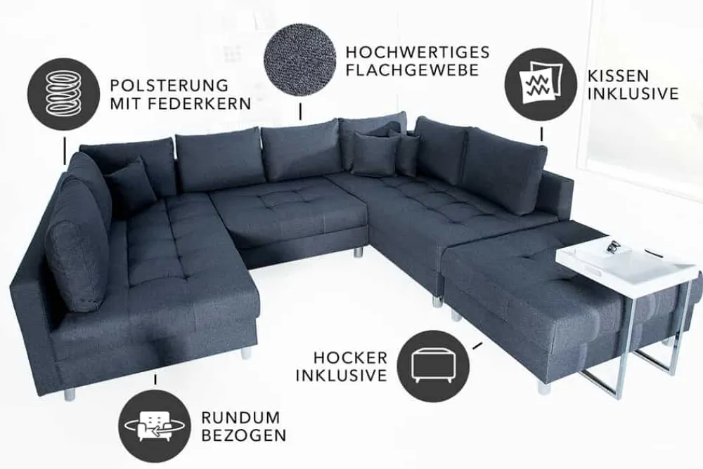 Riess-Ambiente Xxl Sofa|Ecksofa > Moderne XXL Wohnlandschaft KENT 305cm anthrazit Federkern Bigsofa inkl. Hocker