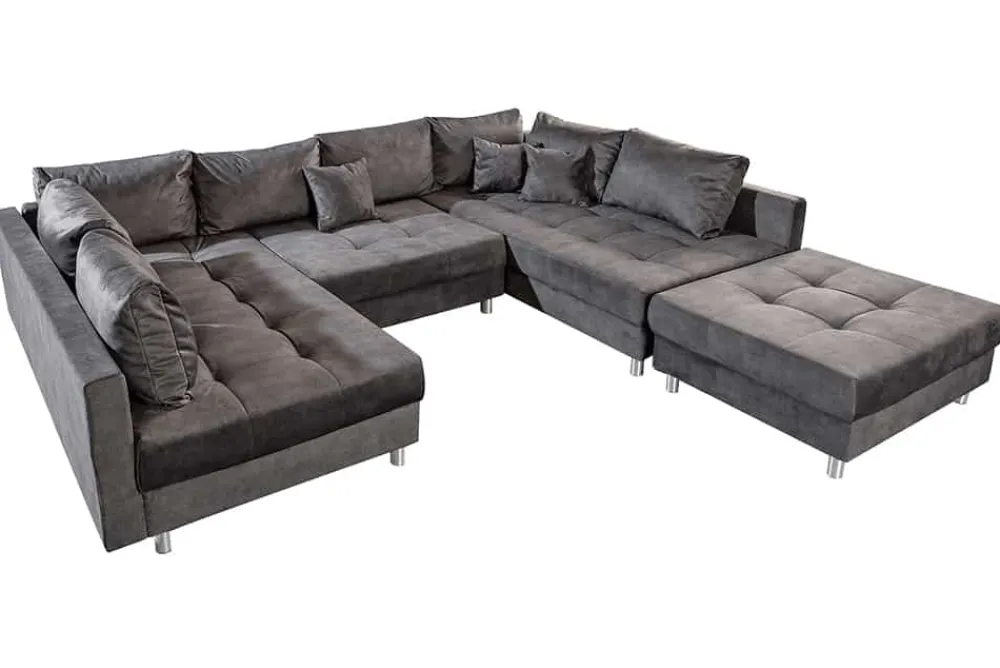 Riess-Ambiente Samt Möbel|Xxl Sofa > Moderne XXL Wohnlandschaft KENT 305cm grau Samt Bigsofa inkl. Hocker Federkern