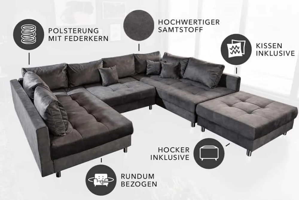 Riess-Ambiente Samt Möbel|Xxl Sofa > Moderne XXL Wohnlandschaft KENT 305cm grau Samt Bigsofa inkl. Hocker Federkern