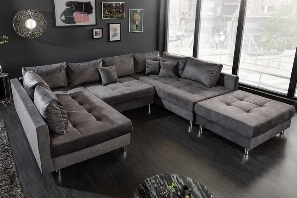 Riess-Ambiente Samt Möbel|Xxl Sofa > Moderne XXL Wohnlandschaft KENT 305cm grau Samt Bigsofa inkl. Hocker Federkern