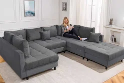 Riess-Ambiente Xxl Sofa > Moderne XXL Wohnlandschaft KENT 305cm anthrazit Cord Bigsofa inkl. Hocker Federkern