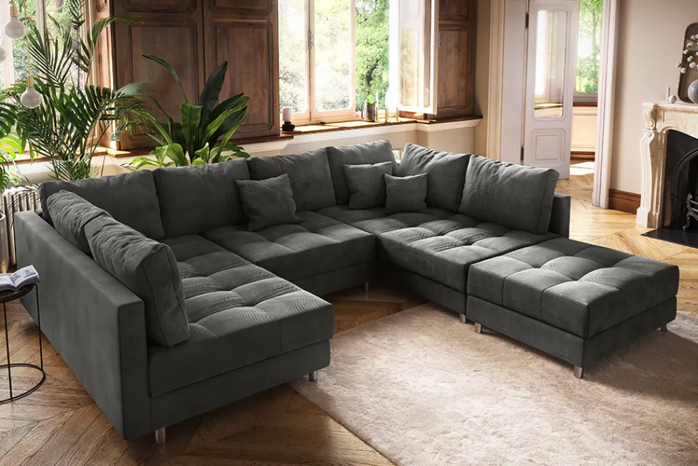 Riess-Ambiente Xxl Sofa > Moderne XXL Wohnlandschaft KENT 305cm anthrazit Cord Bigsofa inkl. Hocker Federkern