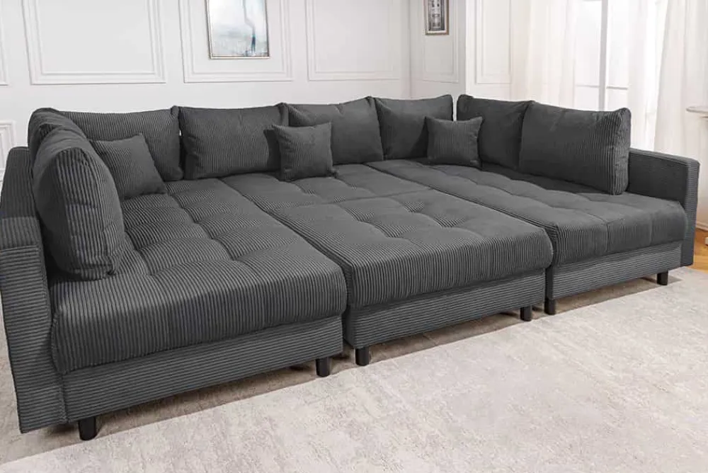 Riess-Ambiente Xxl Sofa > Moderne XXL Wohnlandschaft KENT 305cm anthrazit Cord Bigsofa inkl. Hocker Federkern