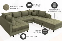 Riess-Ambiente Xxl Sofa > Moderne XXL Wohnlandschaft KENT 305cm grün Cord Bigsofa inkl. Hocker Federkern