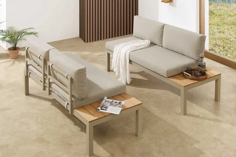 Riess-Ambiente Skandinavisch|Sitzgruppen > Modulare Garten Sitzgruppe ORLANDO LOUNGE 240cm champagner greige Aluminium wetterfest inkl. Kissen