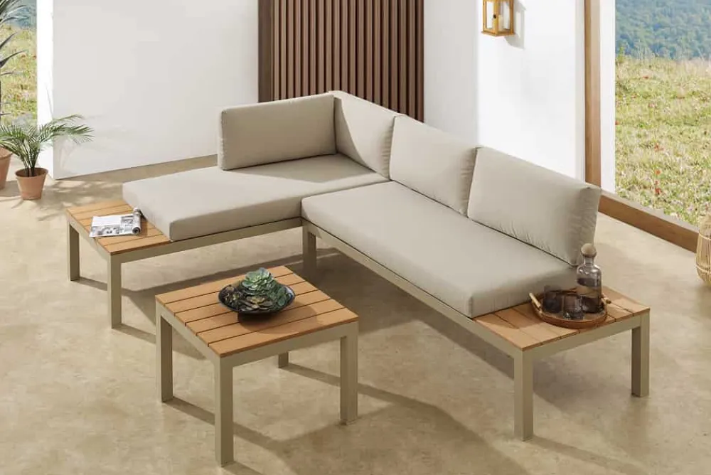 Riess-Ambiente Skandinavisch|Sitzgruppen > Modulare Garten Sitzgruppe ORLANDO LOUNGE 240cm champagner greige Aluminium wetterfest inkl. Kissen
