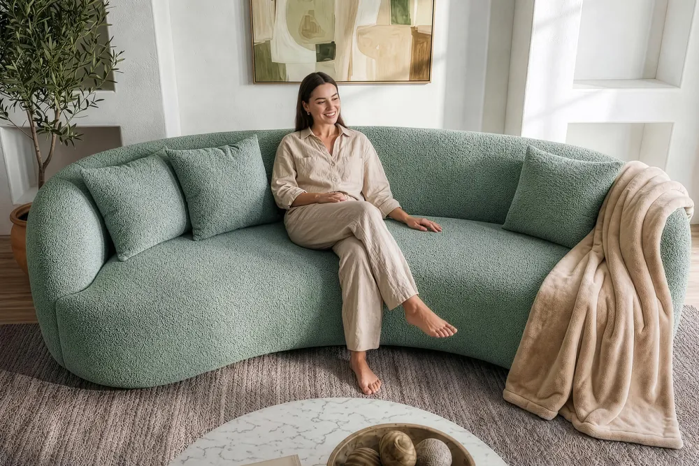 Riess-Ambiente Skandinavisch|3-Sitzer Sofa > Organisches Sofa ATELIER 230cm salbei Bouclé 3-Sitzer Couch inkl. Kissen